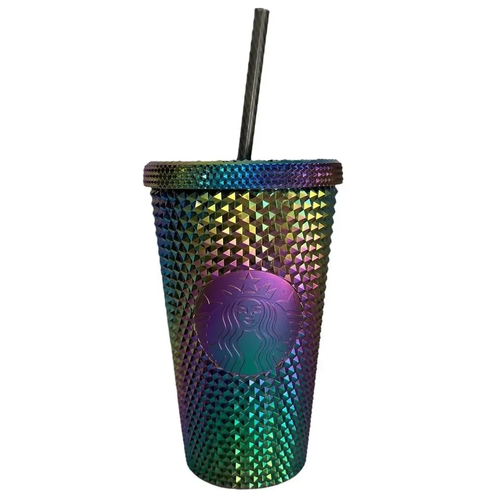 NWT Starbucks OIL SLICK Cold Cup Grande BLACK BLING Tumbler Rainbow Studded 2023